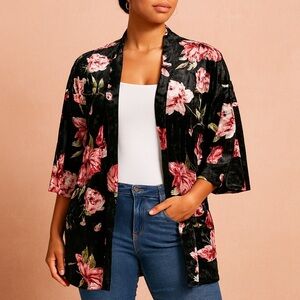 One Clothing Velvet Floral Kimono Cardigan Black & Pink Open Front 3/4 Sleeve